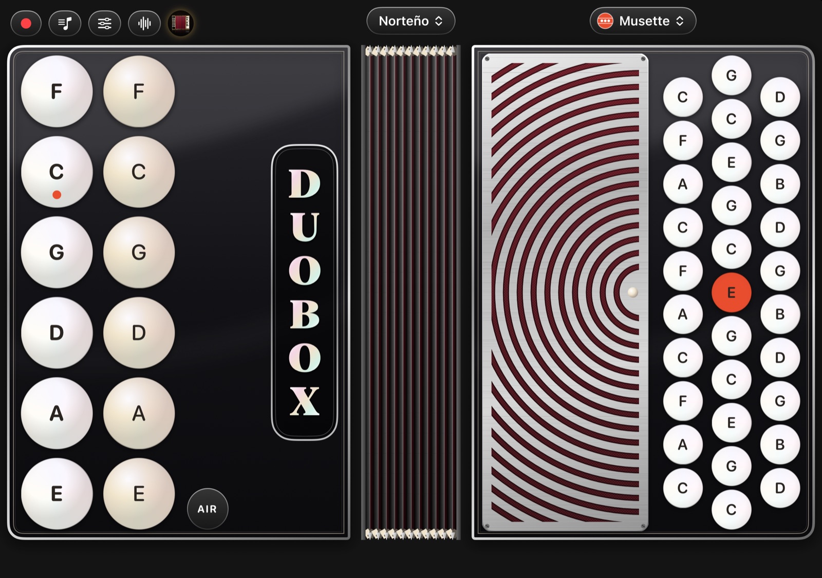 DuoBox in Norteño mode on the inner display, with three rows of treble buttons.