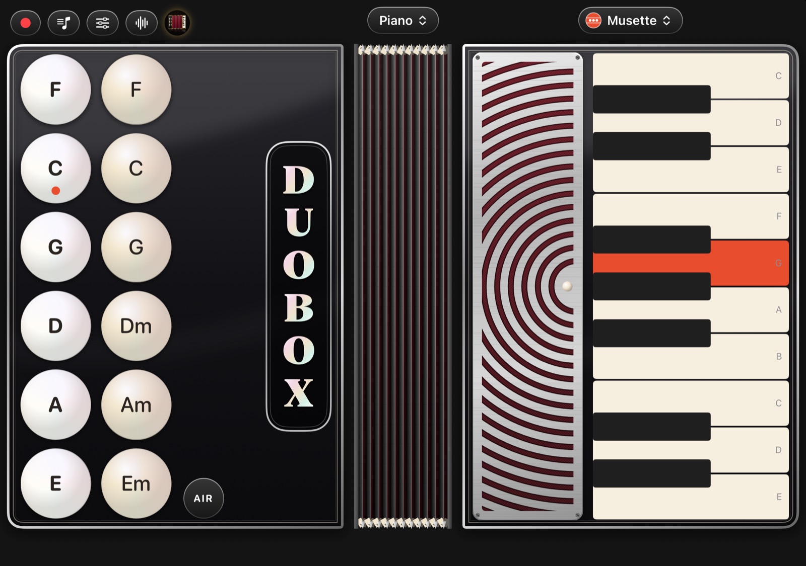 DuoBox in Piano mode on the iPhone Duo's inner display, with one key held.
