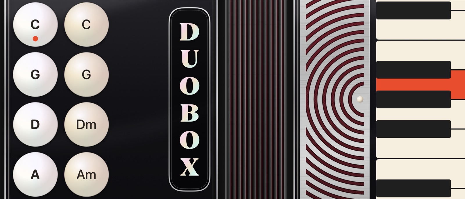 A close view of DuoBox: pearl bass buttons, the DUOBOX badge, burgundy bellows, a chrome grille and piano keys with one key lit.
