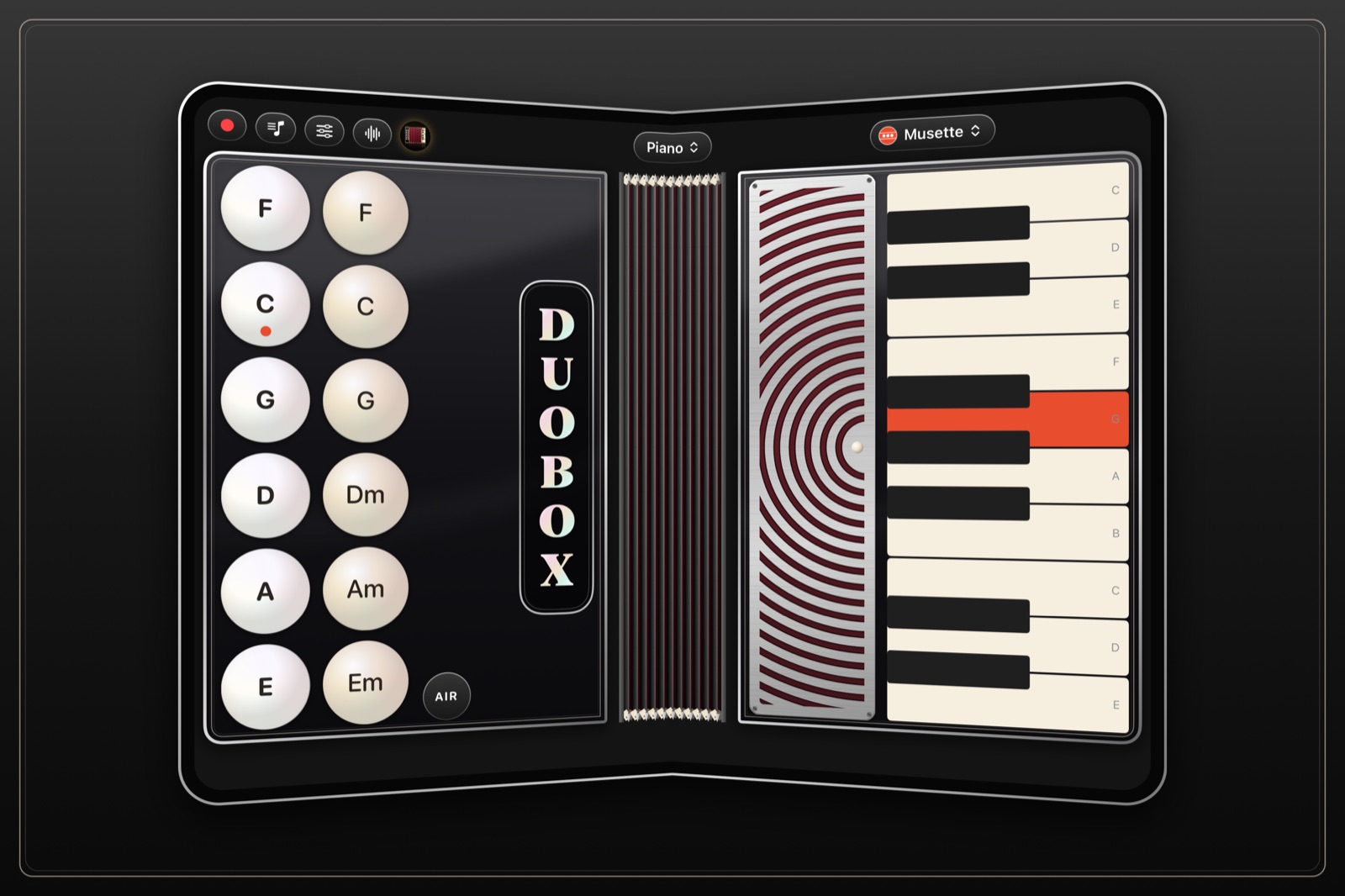 DuoBox on an open iPhone Duo, folded slightly at the bellows: bass buttons on the left, piano keys on the right.