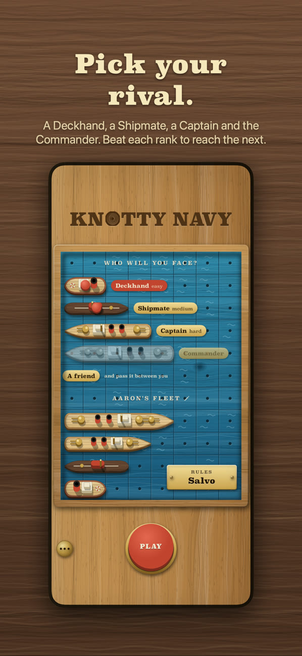 The harbour: four rival ships to choose from, from the Deckhand's tug to the Commander's battleship, and your own fleet below.