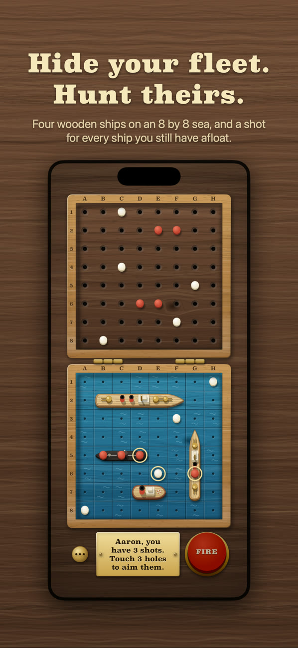A game under way on an iPhone: the shots board above with red and white pegs, and your own sea below with three ships afloat.