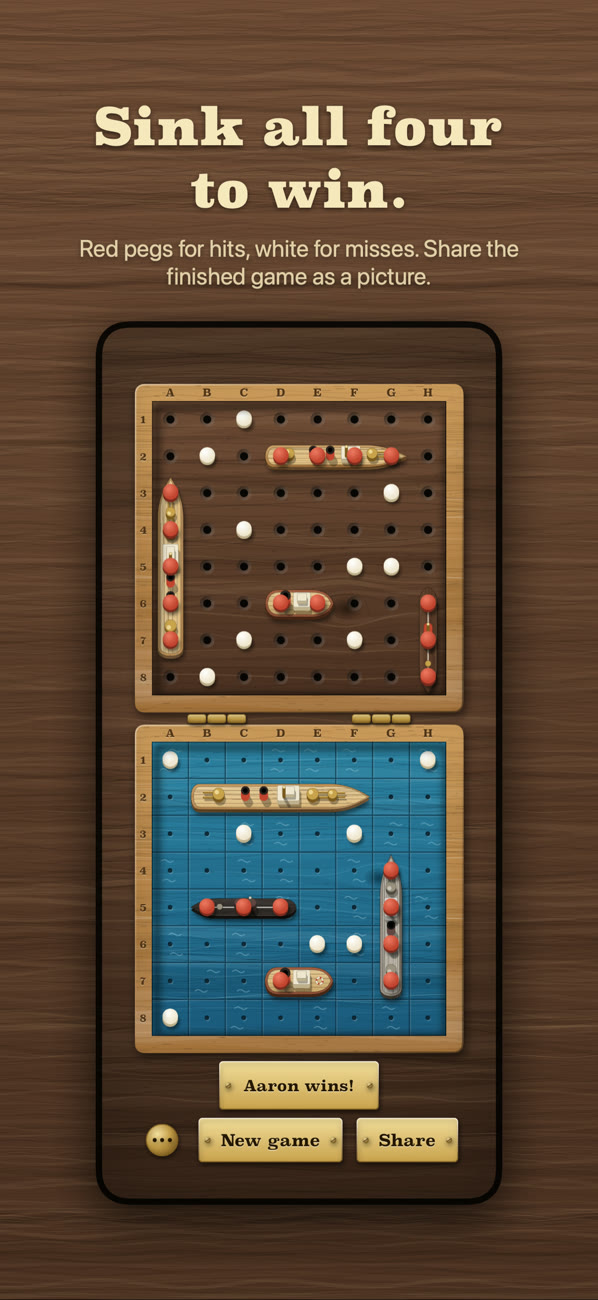 A finished game: all four of the other fleet's ships laid on the shots board with red pegs along them, and New game and Share buttons.