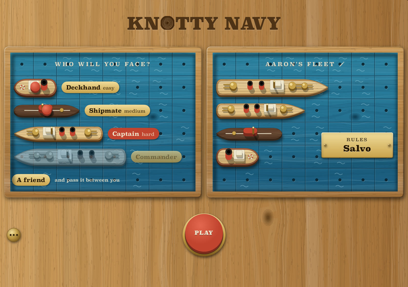 The harbour on the iPhone Duo's inner display: four rival ships to choose from on one sea, and the player's own fleet on the other.