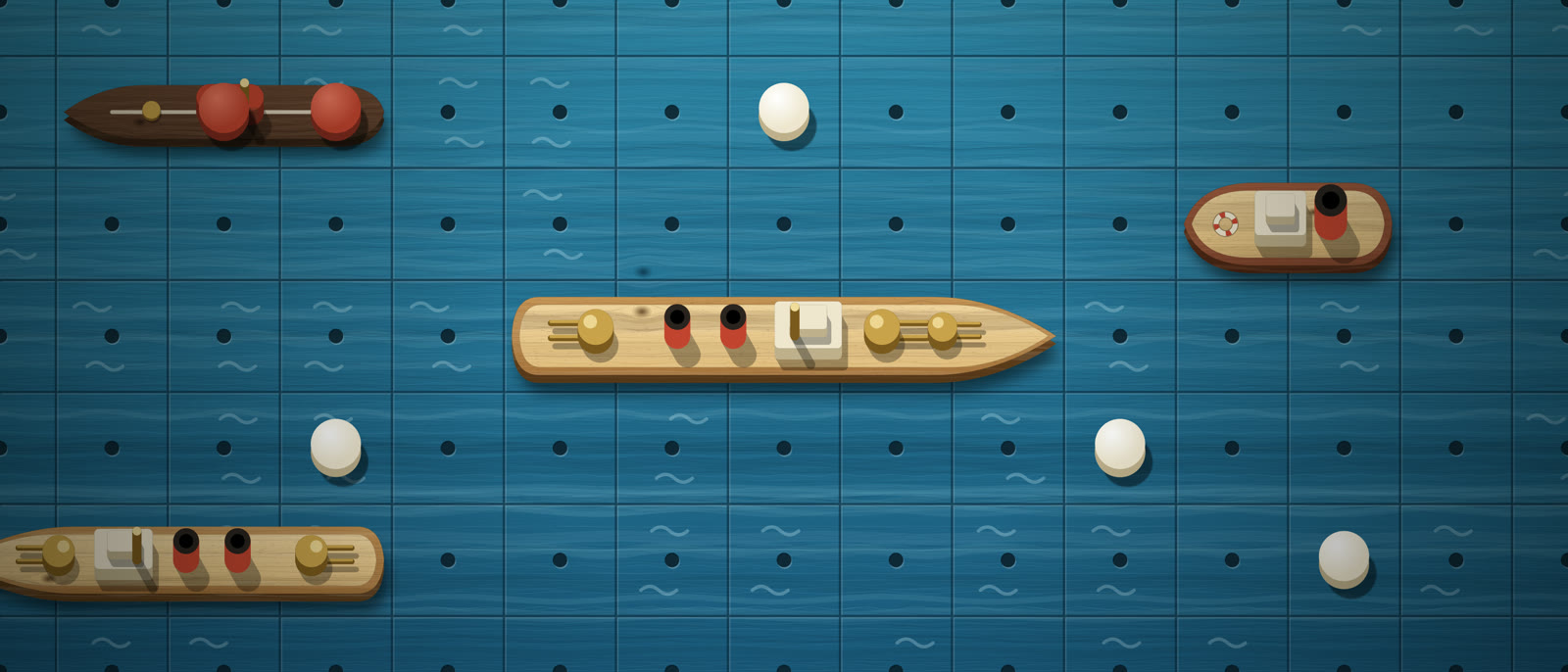 A stretch of blue wooden sea drilled with peg holes: a toy battleship in the middle, a tug, a cruiser and a submarine round it, and red and white pegs where shots have landed.