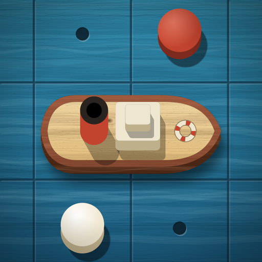 The Knotty Navy app icon: a wooden tug on a blue sea, with a red peg and a white peg beside her.
