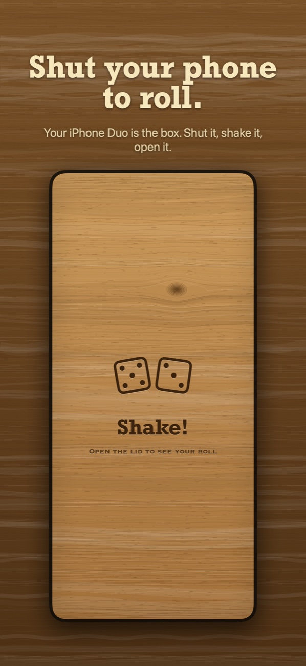 The lid of the box on the phone's cover screen, with the word Shake burned into the wood.