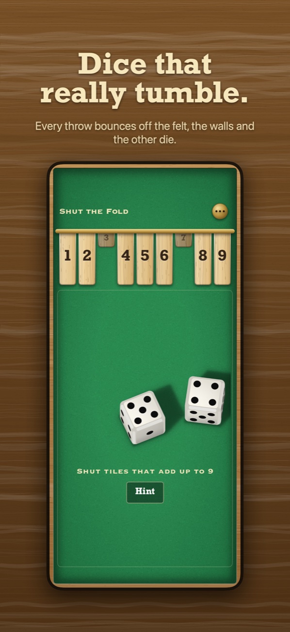 The open box: nine wooden tiles on a brass rod above green felt, with two dice showing five and four.