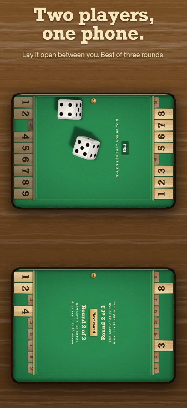 Two players across the open iPhone Duo, a row of tiles at each end of the felt.
