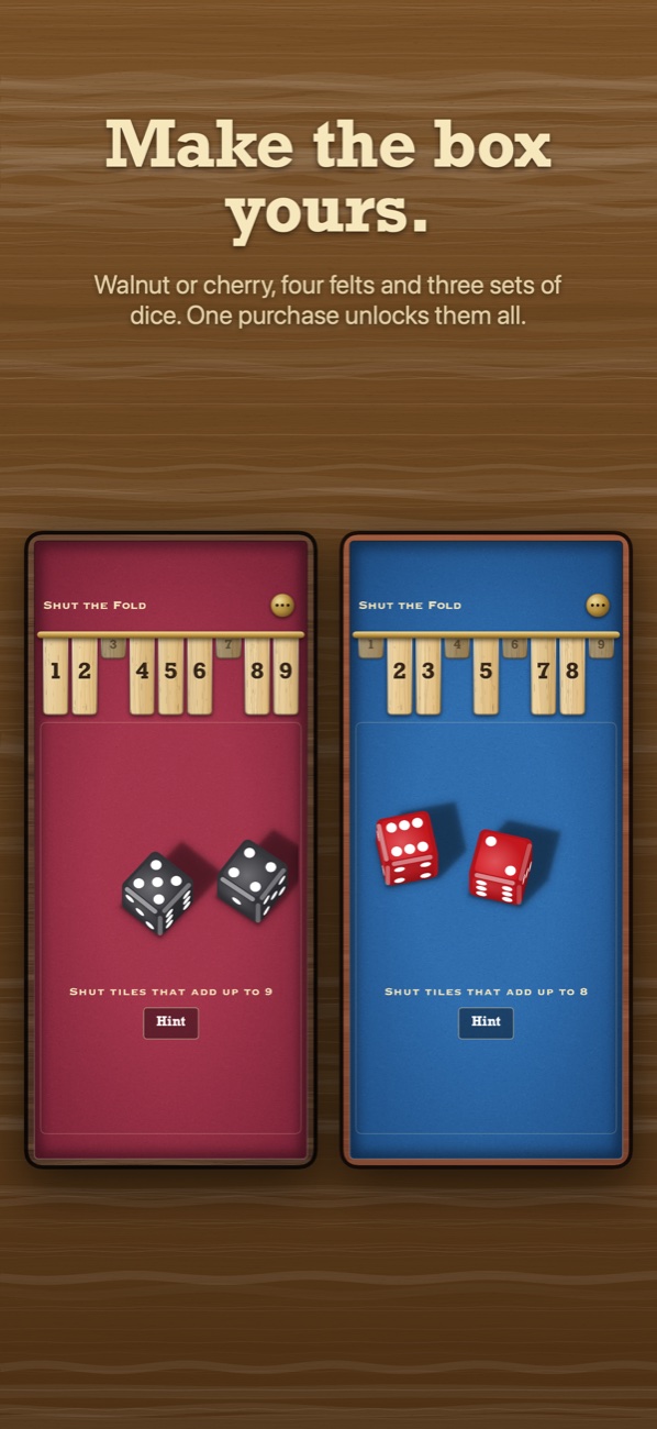 Two other boxes: walnut with burgundy felt and black dice, and cherry with blue felt and red dice.