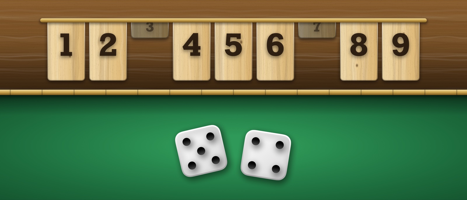 A close view of Shut the Duo: nine numbered wooden tiles on a brass rod, two of them shut, above green felt with two dice.